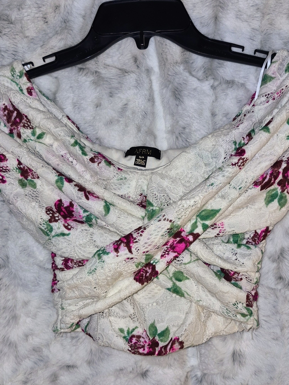 AFRM Floral Lace Off-Shoulder Crop Top in Ivory and Magenta
